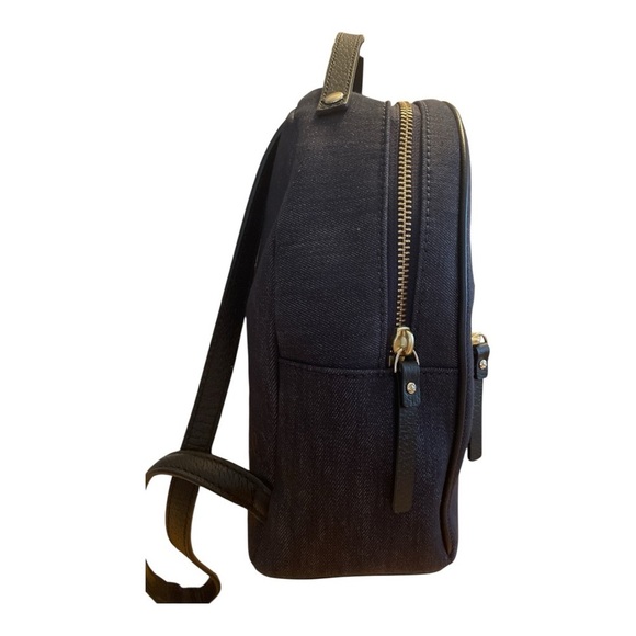 kate spade navy denim backpack with red floral appliqué